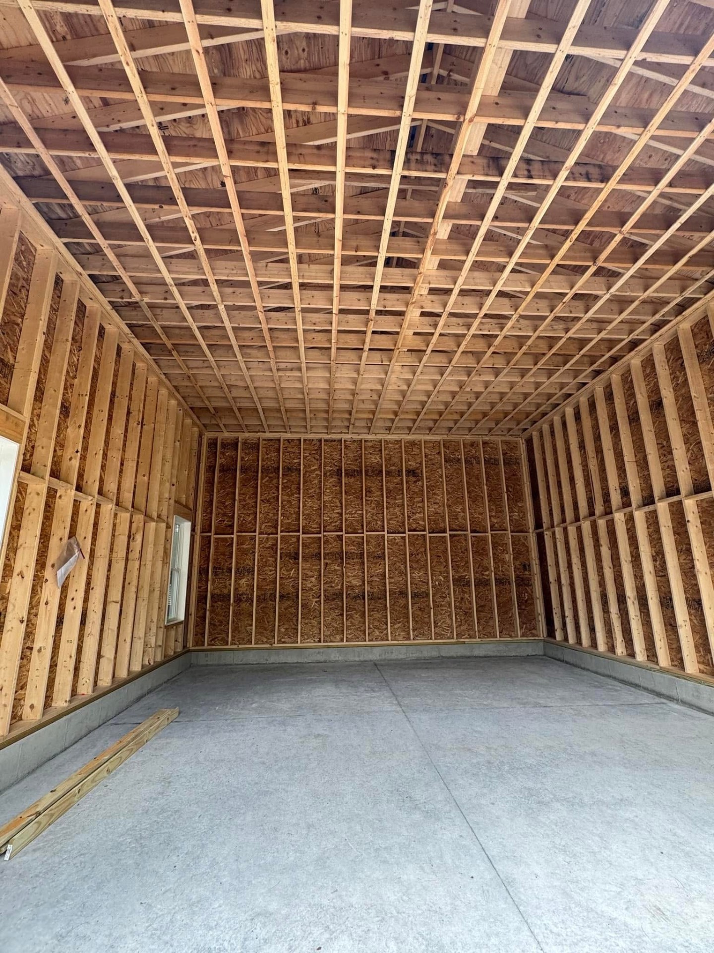 Interior framing — sheathed walls and full roof framing seen from inside.